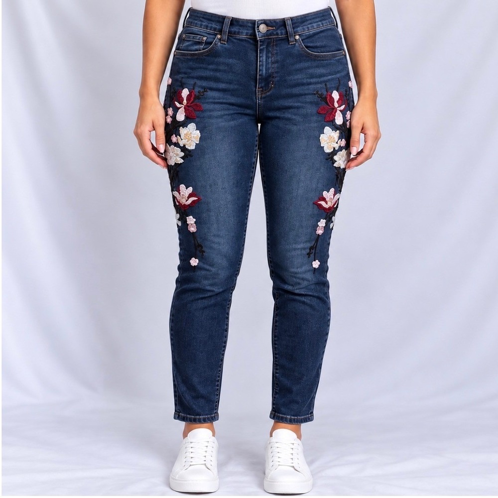 Sandpiper Jeans 12 Blue Good Floral Embroidered Skinny Ankle Denim
